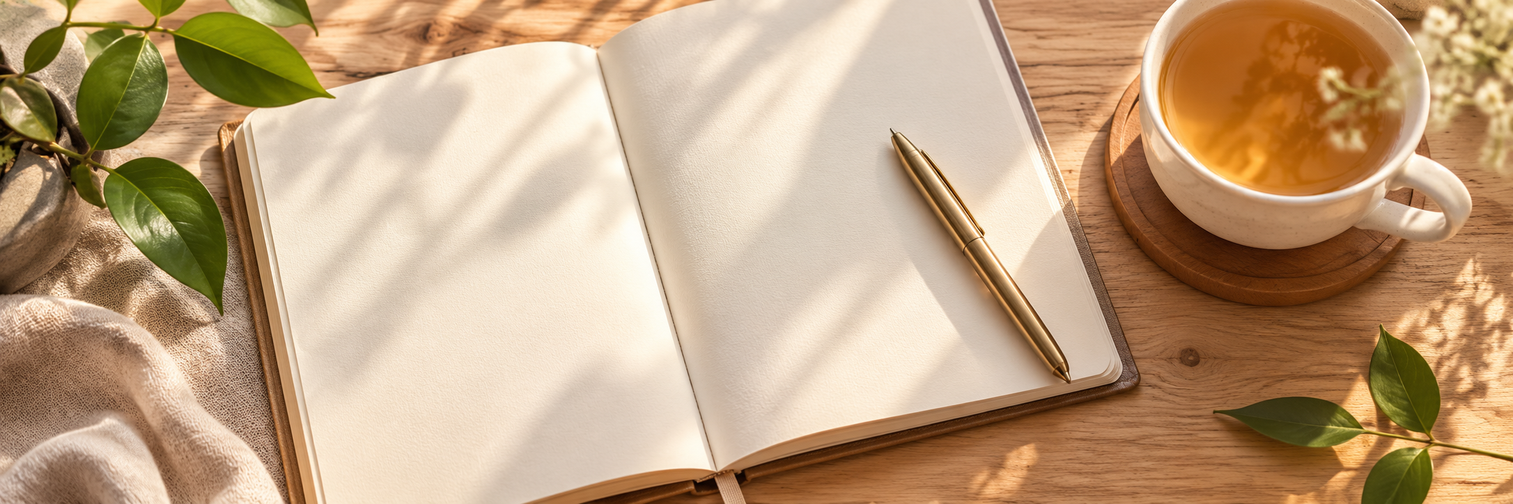 An open journal, pen and tea in warm afternoon light