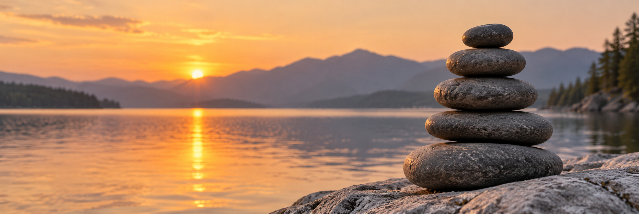 Balanced river stones beside a lake at sunset