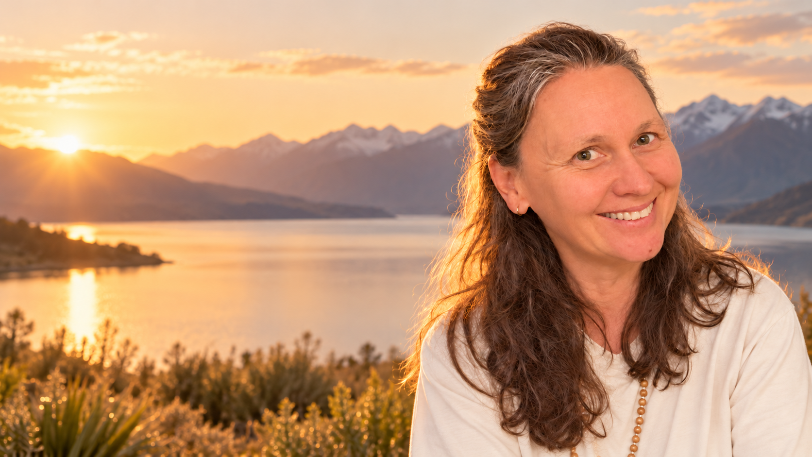 Tamara smiling beside an illustrative alpine lake at golden sunset