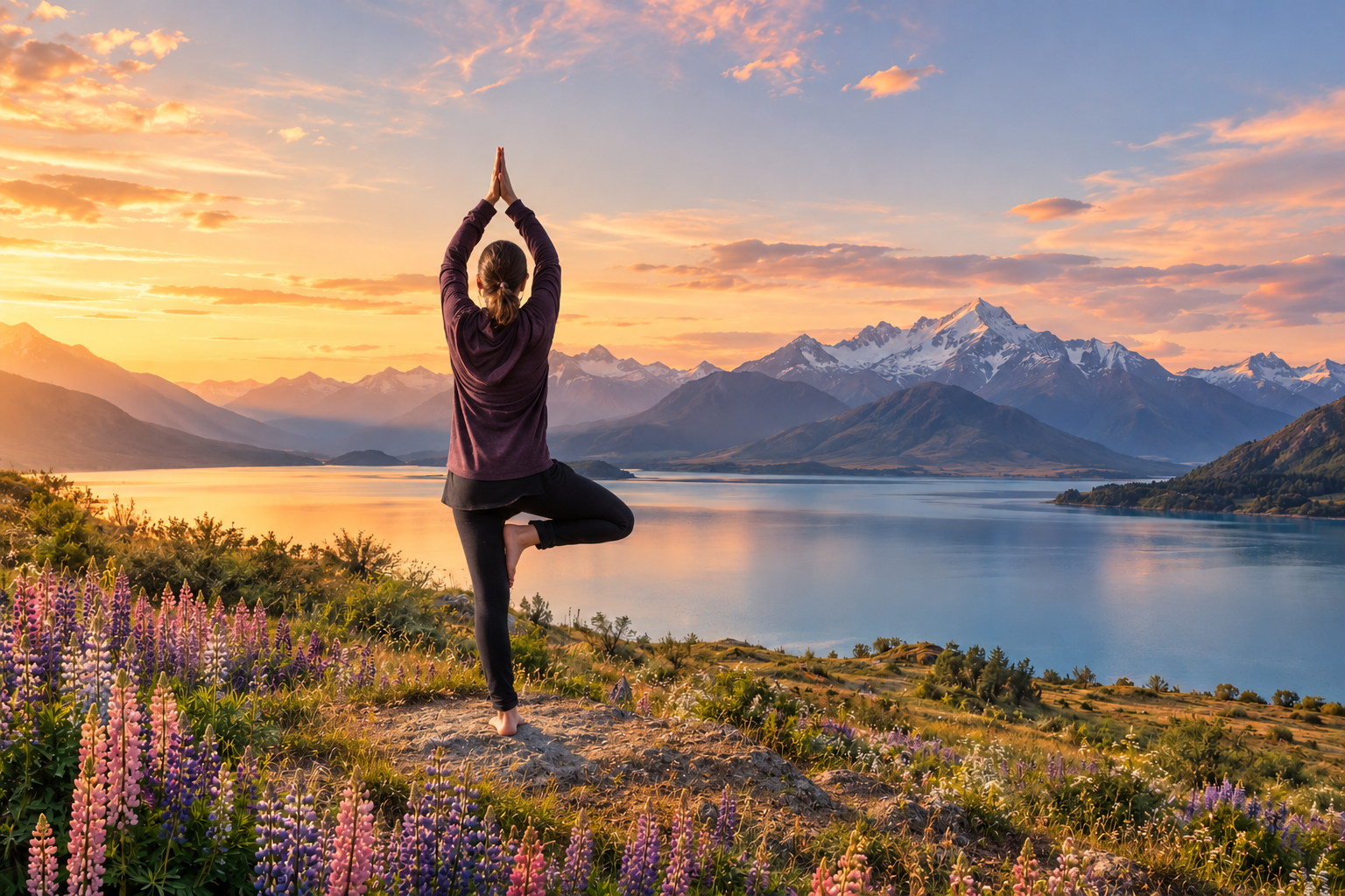 Artistic composite of Tamara’s tree pose beside an illustrative sunset alpine lake